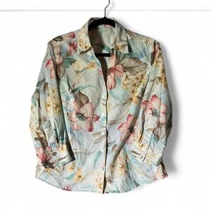 Vintage Cottagecore Tropical Floral Crinkle Button Down Shirt 3/4‎ Sleeve Pastel